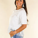  Southern Grace Here for the Show Studded Fringe Crop Short Sleeve Crewneck Top, White