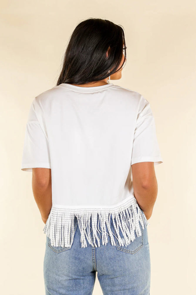 Southern Grace Here for the Show Studded Fringe Crop Short Sleeve Crewneck Top, White