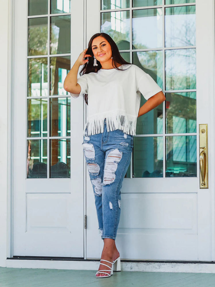 Southern Grace Here for the Show Studded Fringe Crop Short Sleeve Crewneck Top, White