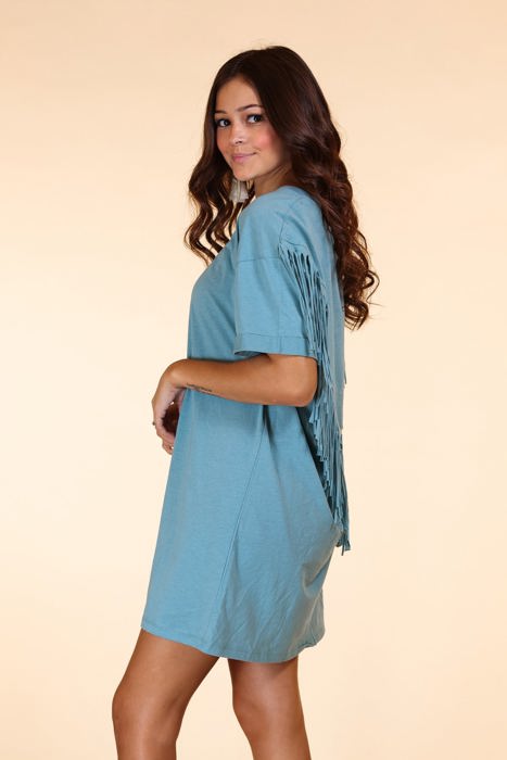 Southern Grace Just Leave Her Wild Fringe T-Shirt Dress, Sage - One Size