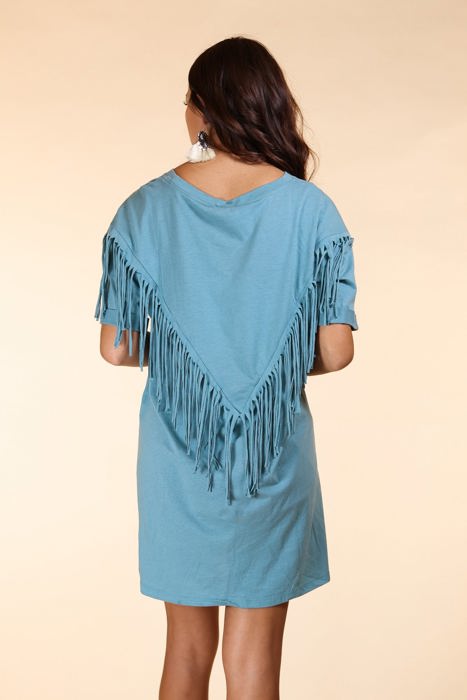 Southern Grace Just Leave Her Wild Fringe T-Shirt Dress, Sage - One Size