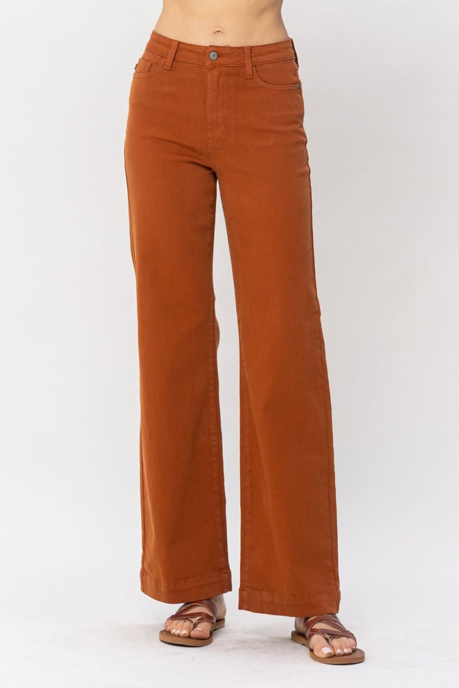 Judy Blue High Waist Auburn Orange Garment Dyed Wide Leg Denim 88498 - Plus