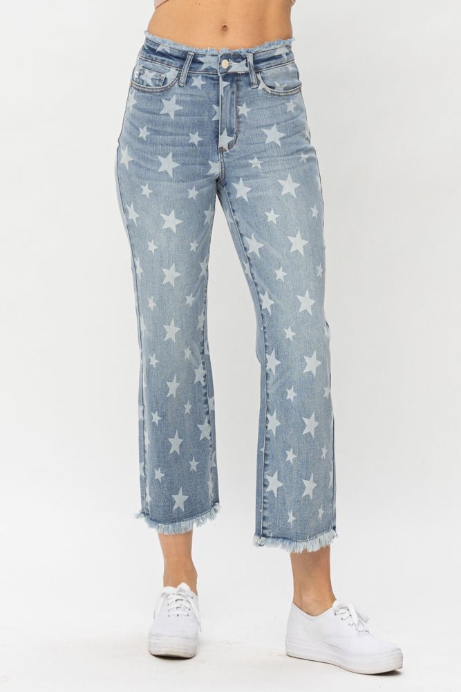 Judy Blue High Waist Star Print Cropped Straight Denim 88573