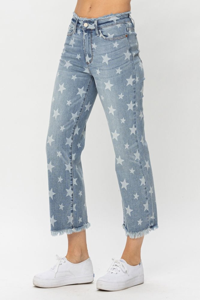 Judy Blue High Waist Star Print Cropped Straight Denim 88573