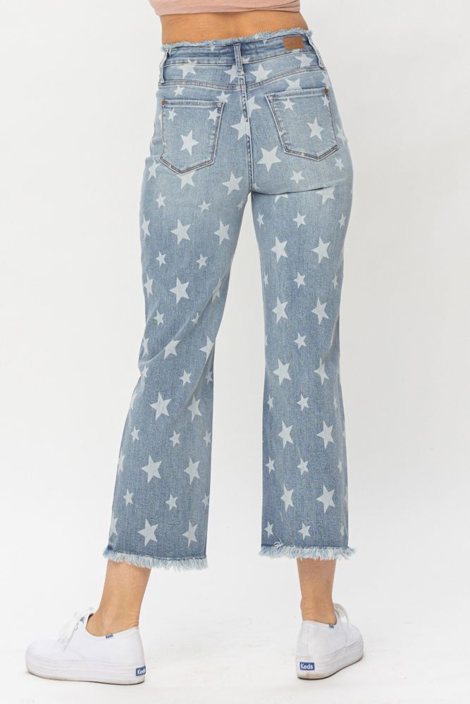 Judy Blue High Waist Star Print Cropped Straight Denim 88573