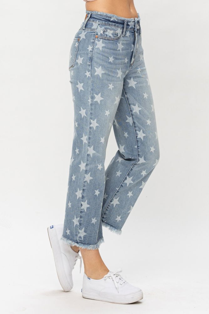 Judy Blue High Waist Star Print Cropped Straight Denim 88573