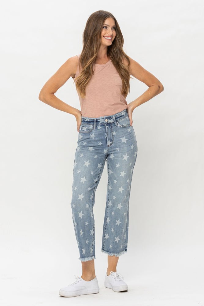 Judy Blue High Waist Star Print Cropped Straight Denim 88573