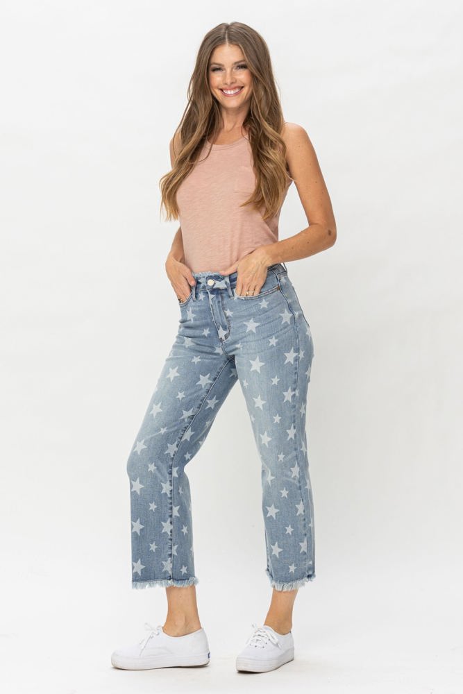 Judy Blue High Waist Star Print Cropped Straight Denim 88573