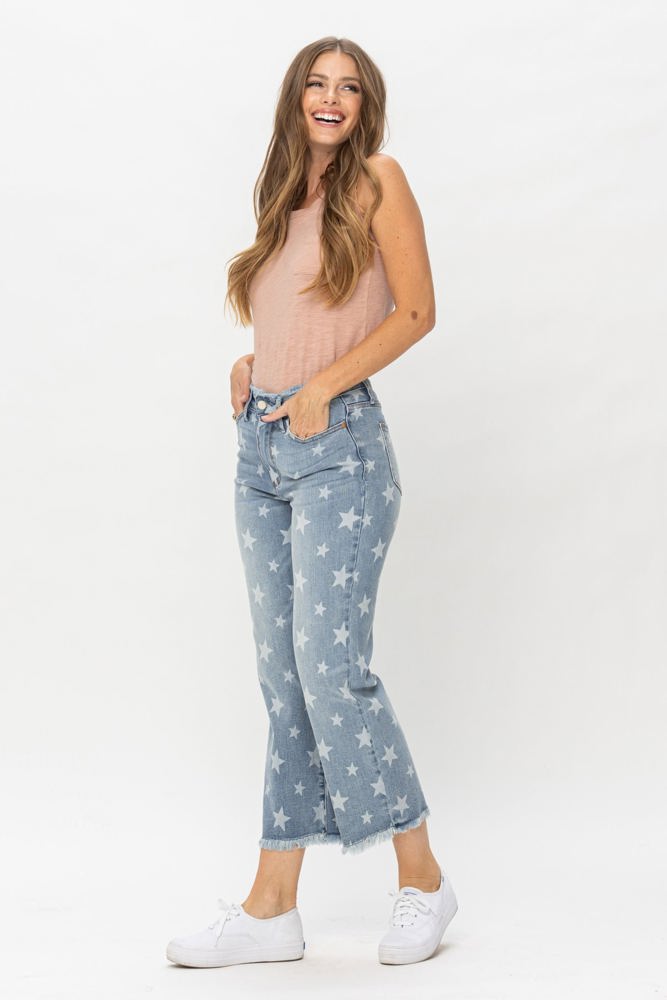 Judy Blue High Waist Star Print Cropped Straight Denim 88573