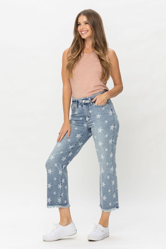 Judy Blue High Waist Star Print Cropped Straight Denim 88573