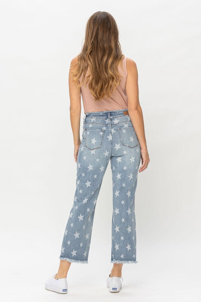 Judy Blue High Waist Star Print Cropped Straight Denim 88573