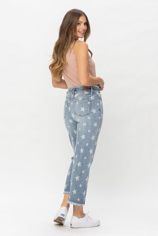 Judy Blue High Waist Star Print Cropped Straight Denim 88573