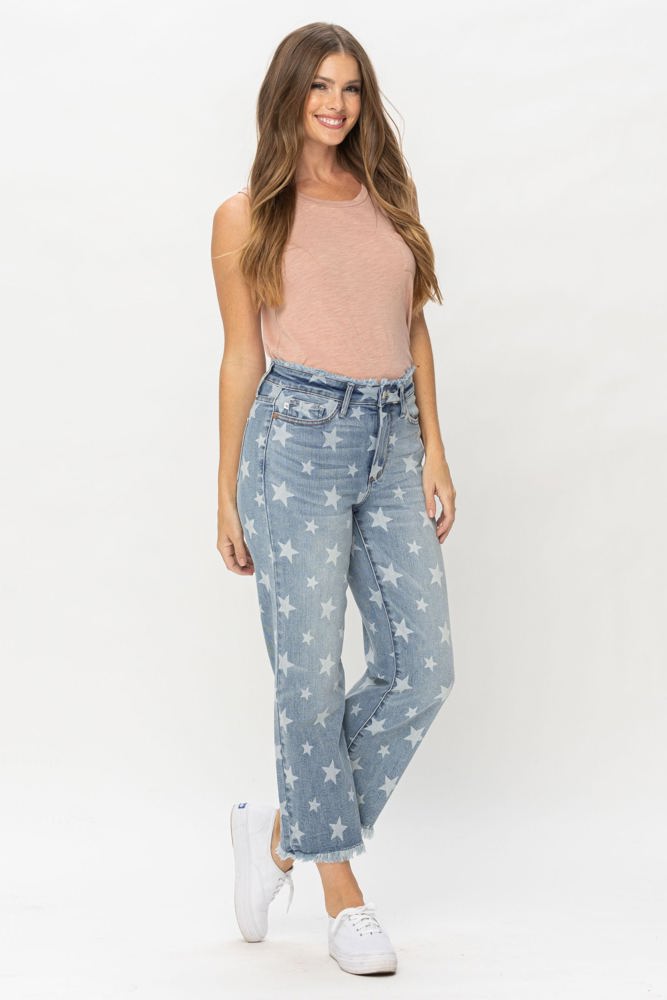 Judy Blue High Waist Star Print Cropped Straight Denim 88573