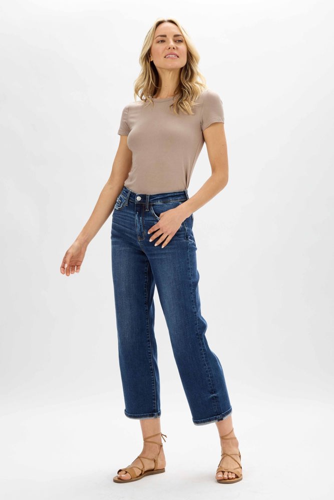 Judy Blue High Waist Medium Destroyed Pocket Wide Leg Denim 82497