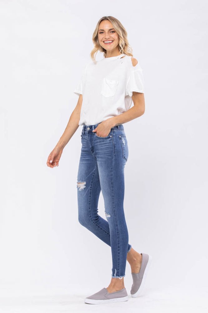 Judy Blue High Rise Destroyed Hem Skinny Denim 82206