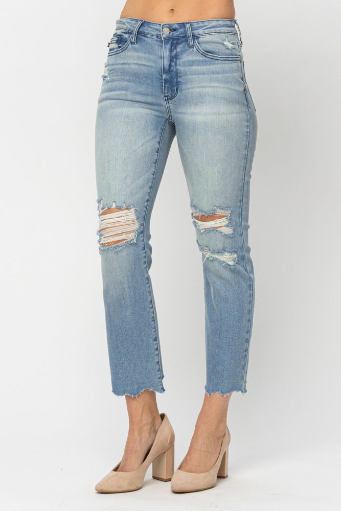 Judy Blue Mid Rise Tinted Wash & Destroy Crop Straight Denim 88512