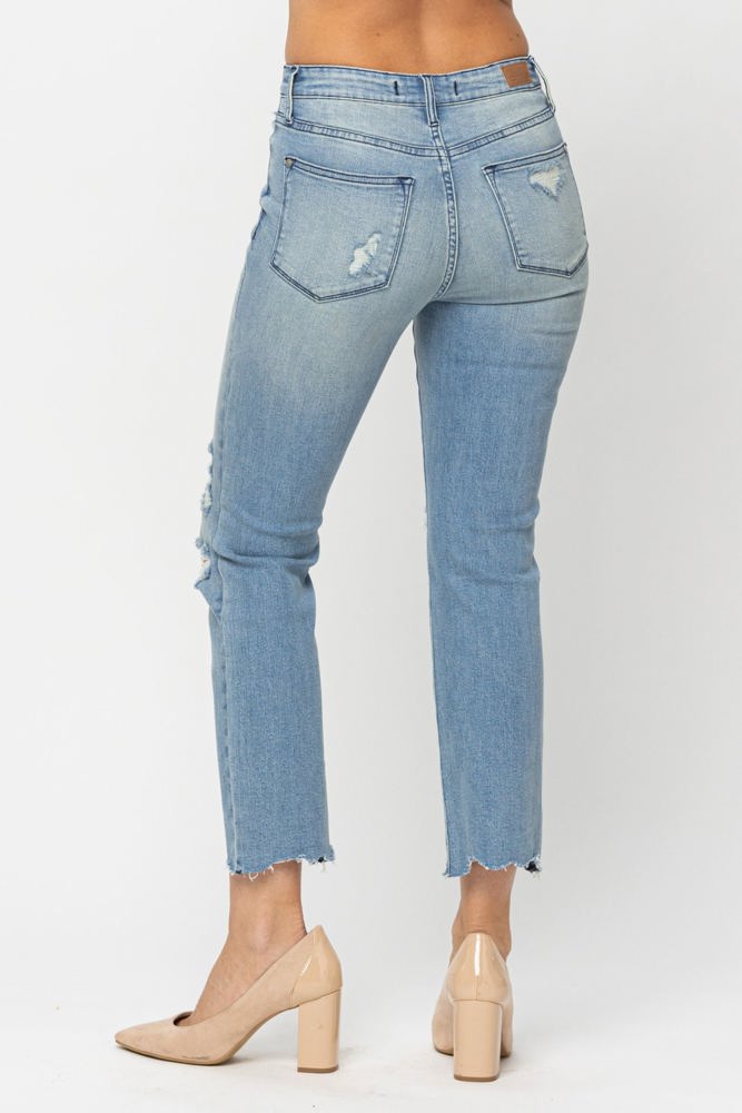 Judy Blue Mid Rise Tinted Wash & Destroy Crop Straight Denim 88512