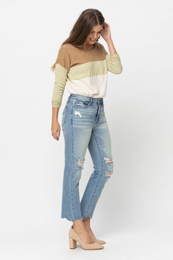 Judy Blue Mid Rise Tinted Wash & Destroy Crop Straight Denim 88512