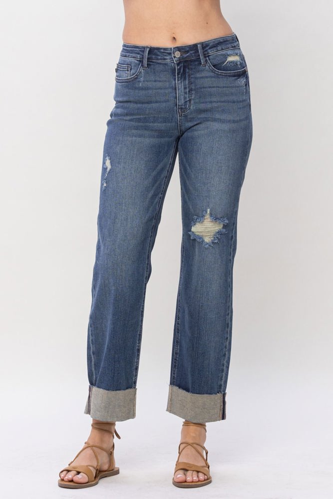 Judy Blue Mid Rise & Single Cuff Dad Jean Straight Denim 88580