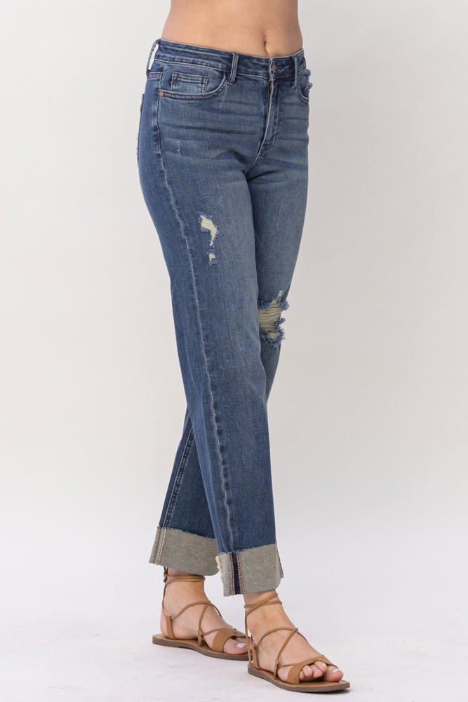 Judy Blue Mid Rise & Single Cuff Dad Jean Straight Denim 88580