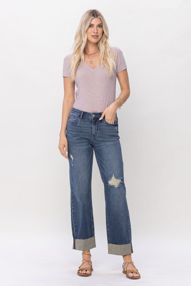 Judy Blue Mid Rise & Single Cuff Dad Jean Straight Denim 88580