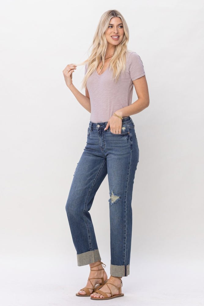 Judy Blue Mid Rise & Single Cuff Dad Jean Straight Denim 88580