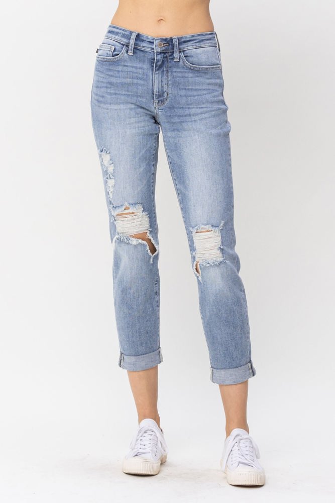 Judy Blue Mid Rise Double Cuff Destroyed Boyfriend Denim 82458