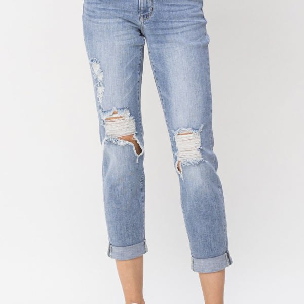 Judy Blue Mid Rise Double Cuff Destroyed Boyfriend Denim 82458