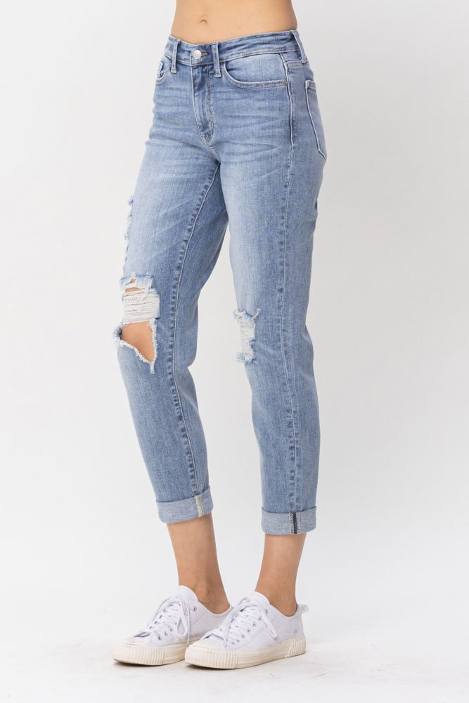 Judy Blue Mid Rise Double Cuff Destroyed Boyfriend Denim 82458 - Plus