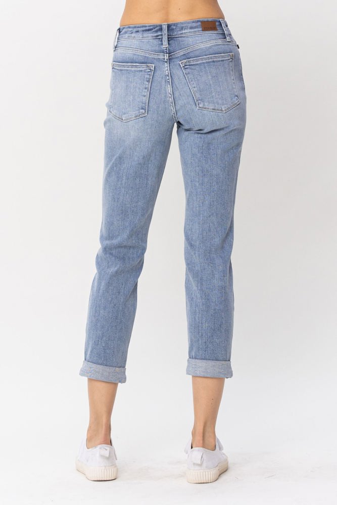 Judy Blue Mid Rise Double Cuff Destroyed Boyfriend Denim 82458 - Plus