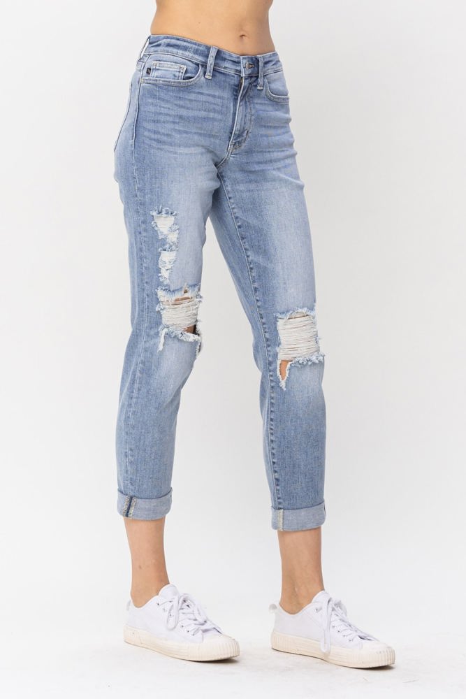 Judy Blue Mid Rise Double Cuff Destroyed Boyfriend Denim 82458 - Plus