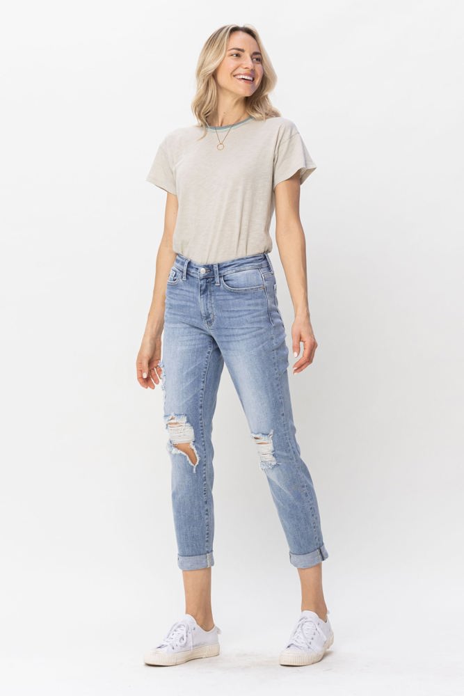 Judy Blue Mid Rise Double Cuff Destroyed Boyfriend Denim 82458 - Plus