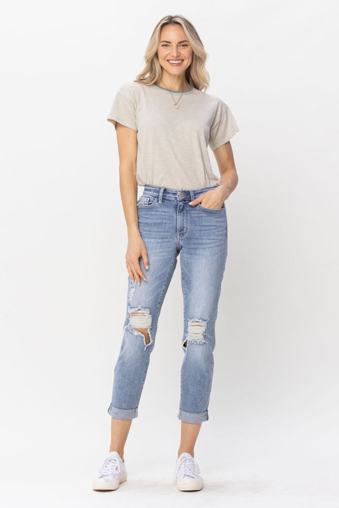 Judy Blue Mid Rise Double Cuff Destroyed Boyfriend Denim 82458 - Plus