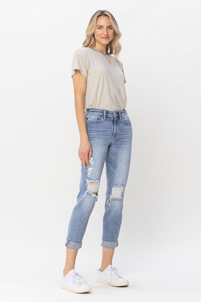 Judy Blue Mid Rise Double Cuff Destroyed Boyfriend Denim 82458 - Plus