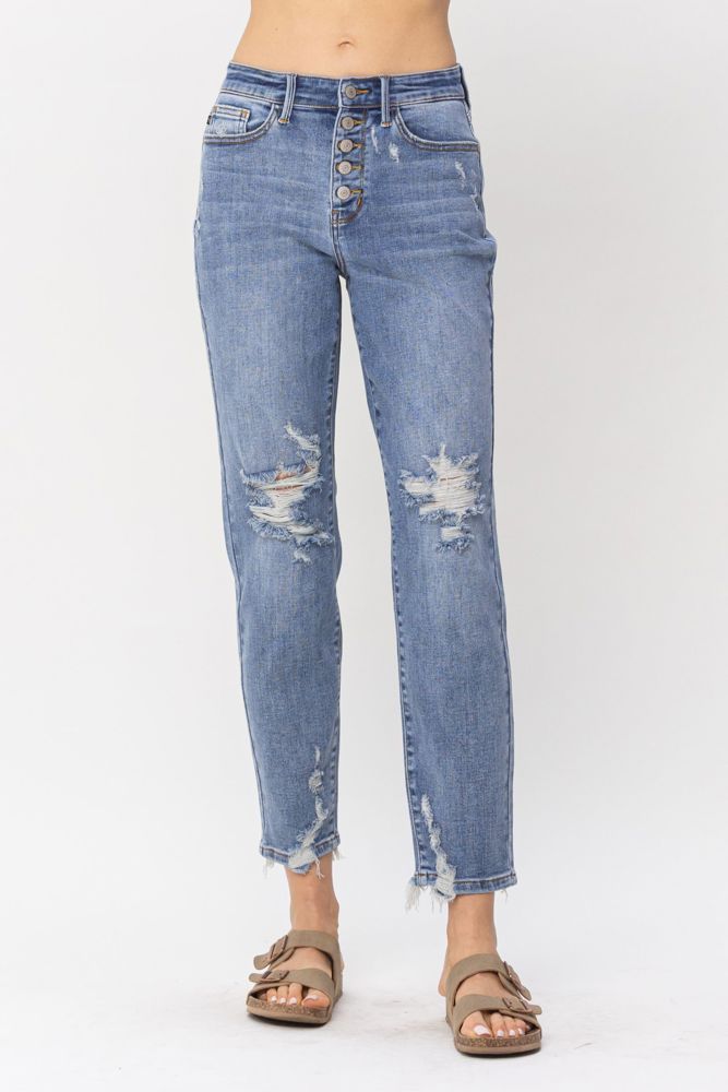 Judy Blue High Waist Button Fly Destroyed Boyfriend Denim 82462