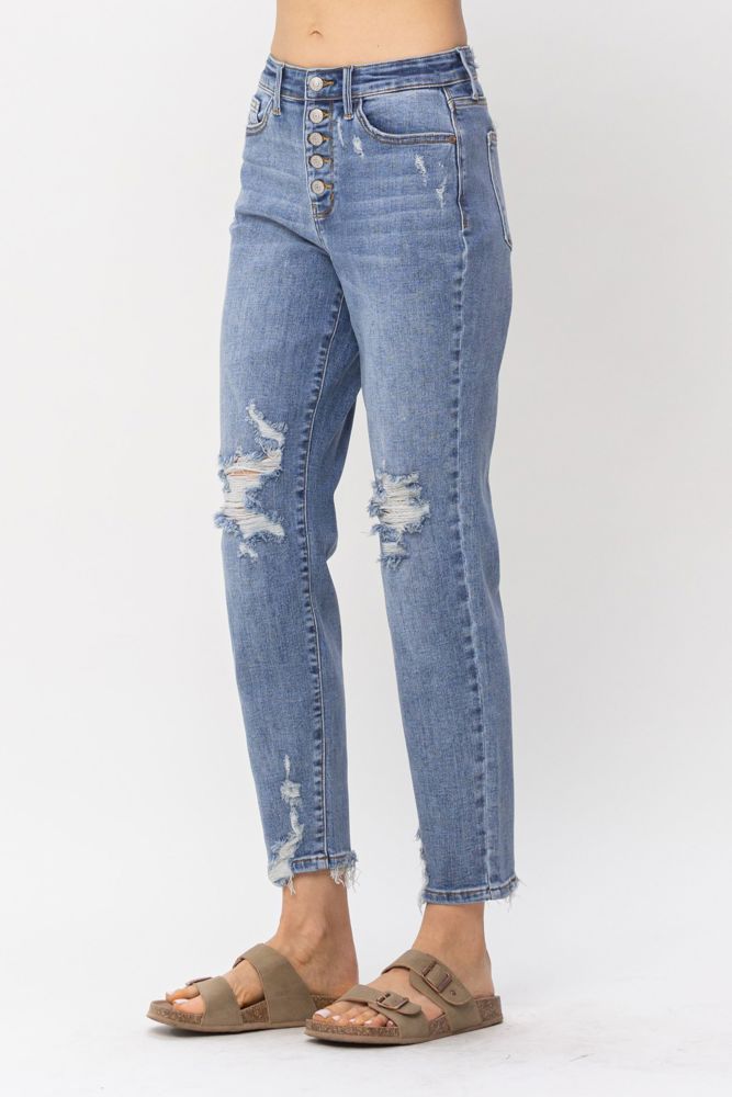 Judy Blue High Waist Button Fly Destroyed Boyfriend Denim 82462