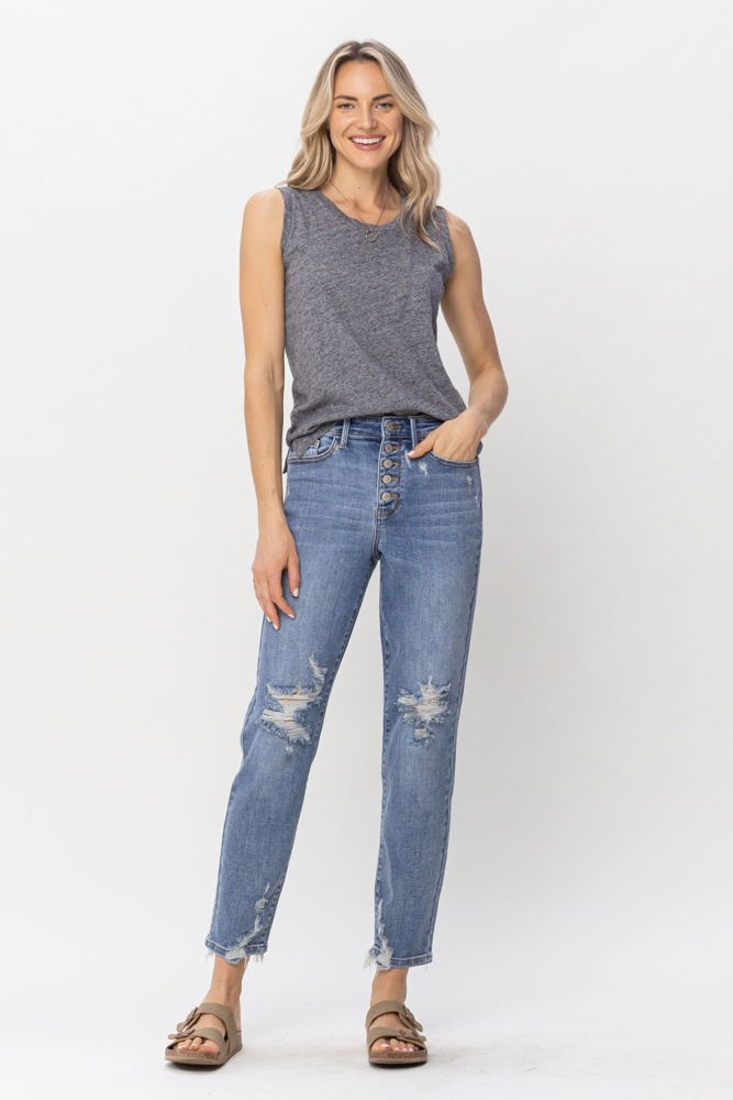 Judy Blue High Waist Button Fly Destroyed Boyfriend Denim 82462