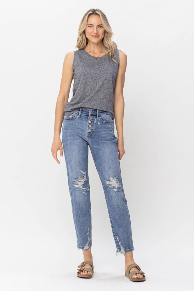 Judy Blue High Waist Button Fly Destroyed Boyfriend Denim 82462