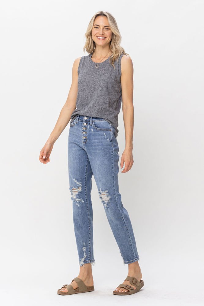 Judy Blue High Waist Button Fly Destroyed Boyfriend Denim 82462