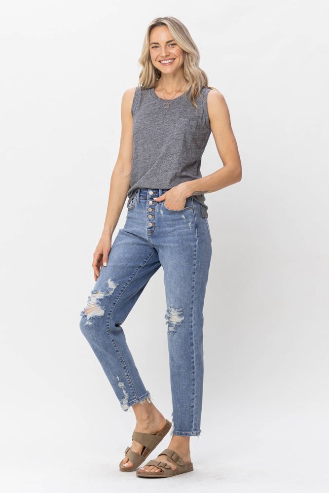 Judy Blue High Waist Button Fly Destroyed Boyfriend Denim 82462