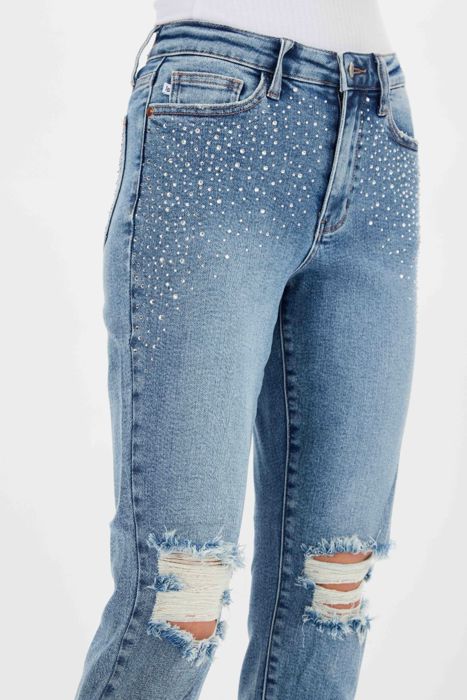 Judy Blue High Waist Rhinestone Embellished W/ Destroyed Slim Denim 88565 - Plus