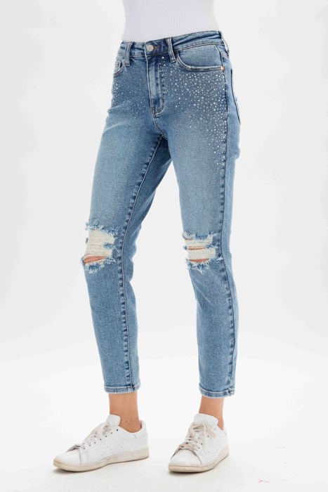 Judy Blue High Waist Rhinestone Embellished W/ Destroyed Slim Denim 88565 - Plus