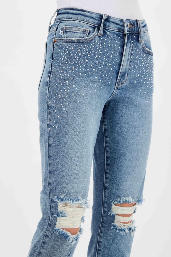 Judy Blue High Waist Rhinestone Embellished W/ Destroyed Slim Denim 88565