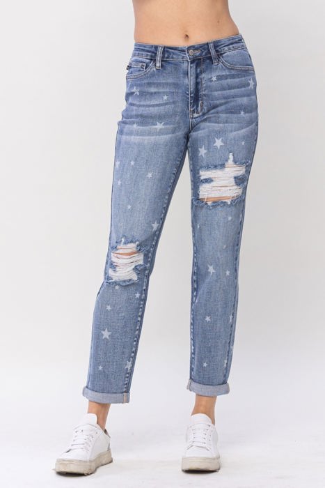 Judy Blue Mid Rise "Star Crossed" Destroy & Roll Cuff Boyfriend Denim 88553