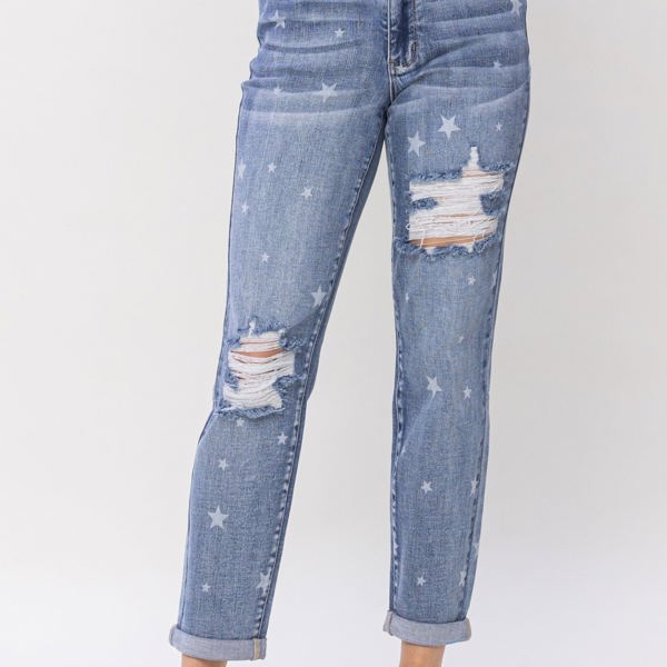 Judy Blue Mid Rise "Star Crossed" Destroy & Roll Cuff Boyfriend Denim 88553