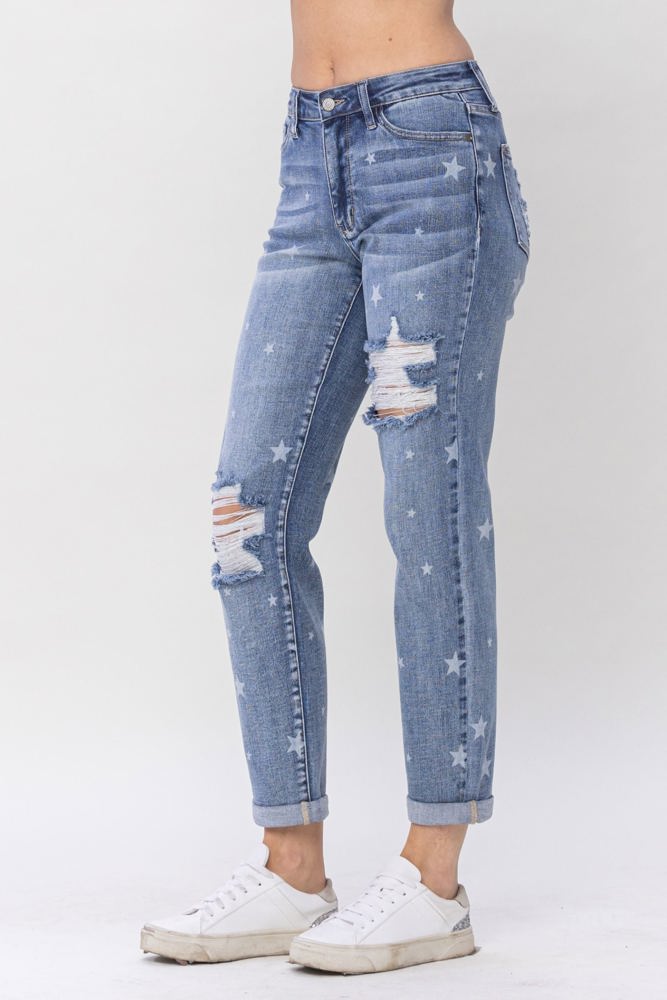 Judy Blue Mid Rise "Star Crossed" Destroy & Roll Cuff Boyfriend Denim 88553 - Plus