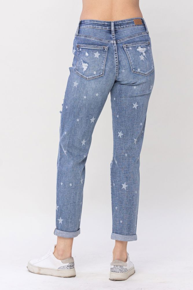 Judy Blue Mid Rise "Star Crossed" Destroy & Roll Cuff Boyfriend Denim 88553 - Plus