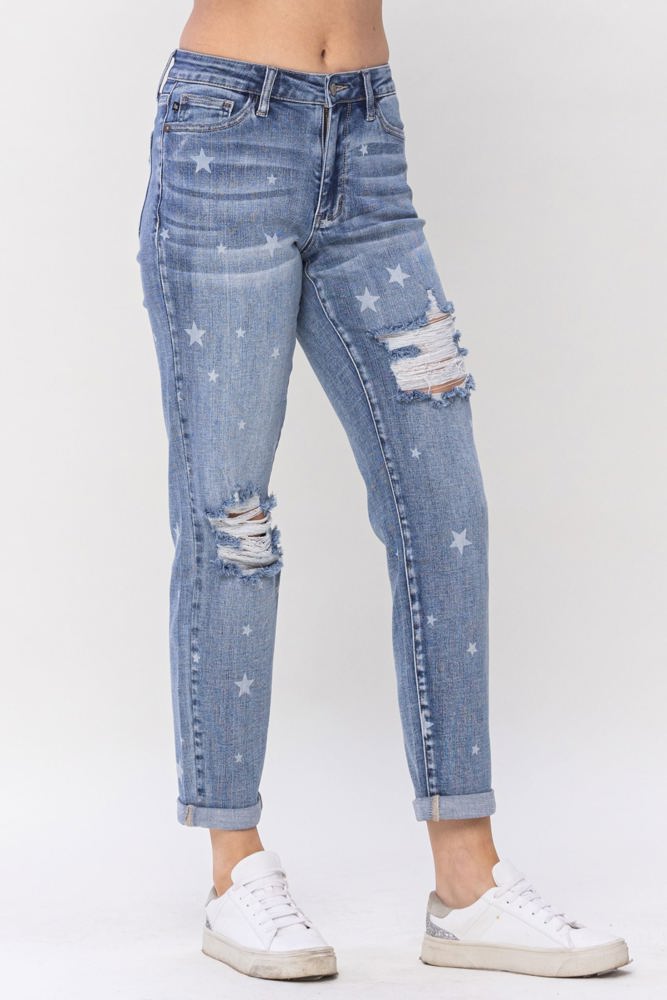 Judy Blue Mid Rise "Star Crossed" Destroy & Roll Cuff Boyfriend Denim 88553 - Plus