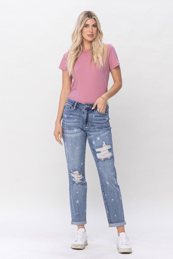 Judy Blue Mid Rise "Star Crossed" Destroy & Roll Cuff Boyfriend Denim 88553 - Plus