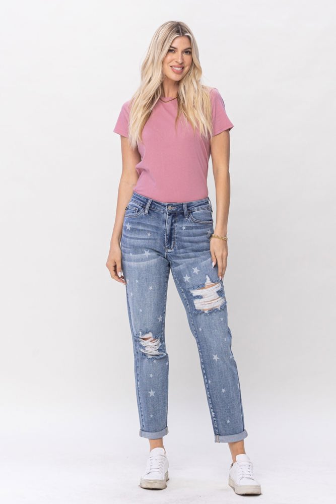 Judy Blue Mid Rise "Star Crossed" Destroy & Roll Cuff Boyfriend Denim 88553 - Plus